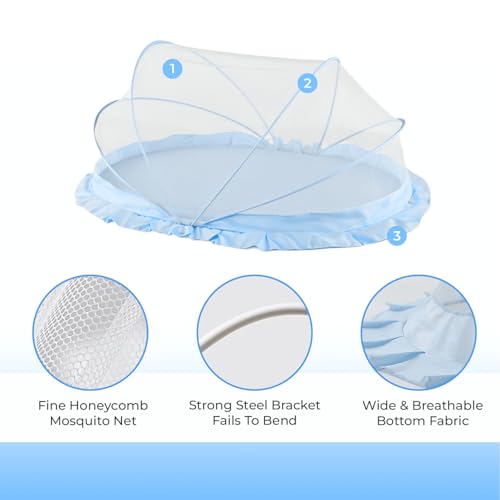 Image of SafeMyles Foldable Baby Mosquito Net with Bed | Soft & Breathable Polyester Mesh with Elegant Round Frill | Ideal for Newborns, Infants & Toddlers (Blue, 90x50x50 cm)