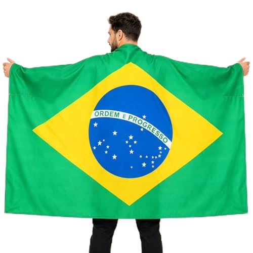CAKURE Brazil Flag Cape with Sleeves Brazil National Flags for Outside Parades, Sports Events & Fan Gatherings Outfit for Men and Women (Brazil Flag Cape)