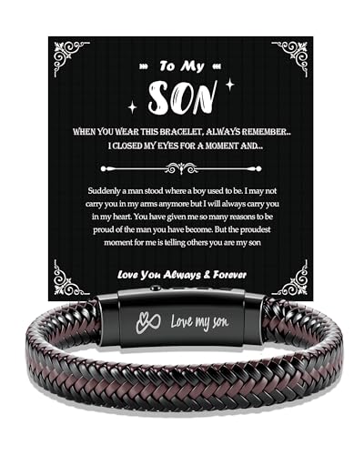 Kenqlot Gifts To My Son With Box Sons Gifts from Mum Dad Brown Braided Leather Son Bracelet With Stainless Steel Men Bracelet Engraved Love Massage Birthday Christmas Graduation Jewellery Gift