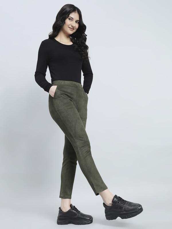 Image of GO COLORS Women Solid Mid Rise Suede Treggings