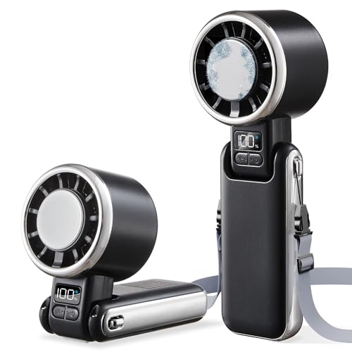 SHEWIND Portable Handheld Fan with Ice Cooling - 5 Gear High Speed Personal Turbo Fan Rechargeable, Up to 13 Hrs, Mini Hand Fans for Travel Essentials, Beach Vacation, Gifts for Women, Men (Black)