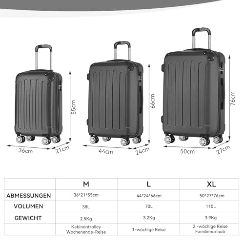BEIBYE Hartschalen-Koffer Trolley Rollkoffer Reisekoffer Handgepäck 4 Rollen (M-L-XL-Set) (Schwarz, M) 6