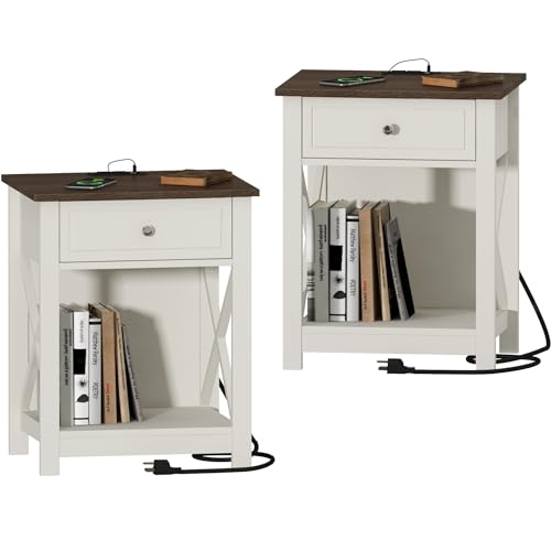 Treocho Farmhouse End Table Set of 2,Nightstand with Charging Station, X-Design Side Table with 2 AC and USB Power Outlets, Small Night Stand with Storage Drawer and Open Shelf for Living Room by Treocho - Used condition - US$79.86