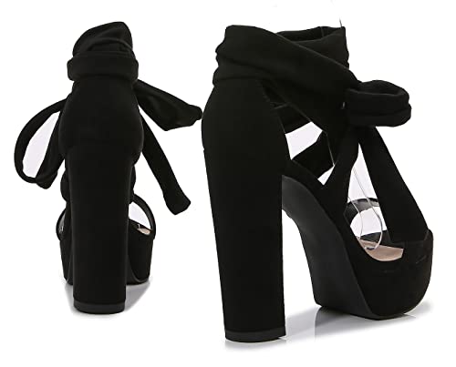 YooPrettyz Women Suede Platform Stiletto Heels Crisscrossed Straps Lace Up Finish Classic Chunky Heels3
