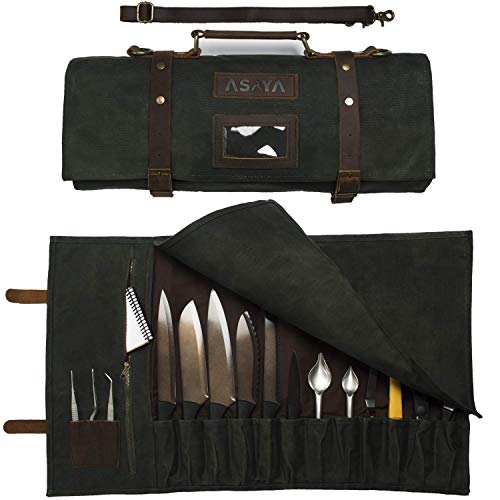 Asaya Waxed Canvas Knife Roll - 15 Knife Slots, Card Holder and Large Zippered Pocket - Genuine Leather, Cloth and Brass Buckles - for Chefs and Culinary Students - Knives Not Included