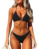 Coloquin Conjunto de bikini sexy para mujer, bikini triangular halter de dos piezas, 01a - Conjunto de bikini de hilo negro, M
