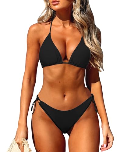 Coloquin Women's Bikini Sets Sexy Halter Triangle Bikini Two Piece Swimsuit Bathing Suit Black S