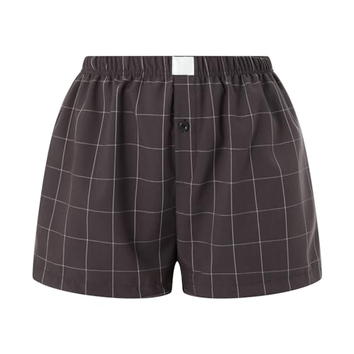 Image of Pivanzore Y2k Plaid Shorts for Women Casual Elastic Waist Aesthetic Lounge Bottom Baggy Pajama Shorts Boxers Sleepwear