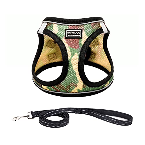 Suredoo Hundegeschirr mit Leine Anti Zug Geschirr Reflektierend Brustgeschirr für Kleine Hunde, Haustiere, Welpen, Katzen (M, Camo Grün)
