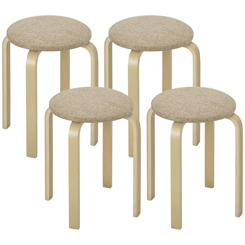HOMCOM Juego de 4 Taburetes Apilables Redondos Taburetes Bajo de Cocina de Madera con Asiento Acolchado para Comedor Dormitorio Oficina Salón Caqui y Natural