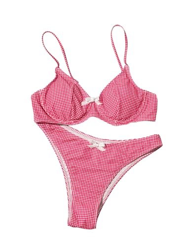 SweatyRocks Women's 2 Piece Bikini Set Plaid Bowknot Gingham Swimsuit High Cut Cute Bikini