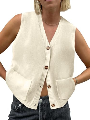 ZDC Womens Sleeveless Sweater Vest Summer Button Down V Neck Tank Tops Lightweight Cardigan with Pockets Beige
