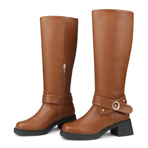 Image of Buckle Chunky Heel Knee High Boots Fall Winter Commute | chunky heel boots, knee high boots, sqaure toe boots