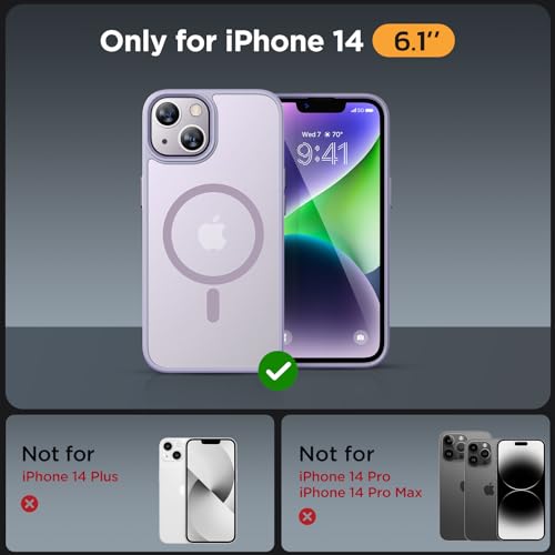 Image of Miracase Magnetic for iPhone 14 Case 6.1 inch (Compatible with MagSafe)(with 2X Screen Protectors) Military-Grade Protection, Anti-Fingerprint Translucent Matte Phone Case Cover, Light Purple
