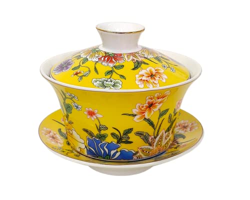 KOPYFANTAP Juego de Taza de Té Tradicional Chino de Porcelana kungfu,Gaiwan Amarillo con Flores y Corales Gráficos,300ml Grande Capacidad Tazón de Té