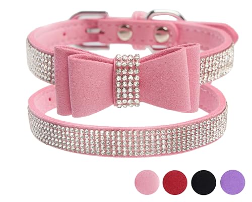 Pink Rhinestone Dog Collar XXS, 2-Pack Bling Kitten Collar Soft Suede Glitter Diamond Jewelry Crystal Girl Puppy Collar with Bow for XXS XS Small Medium Female Dogs & Cats (XXSmall)