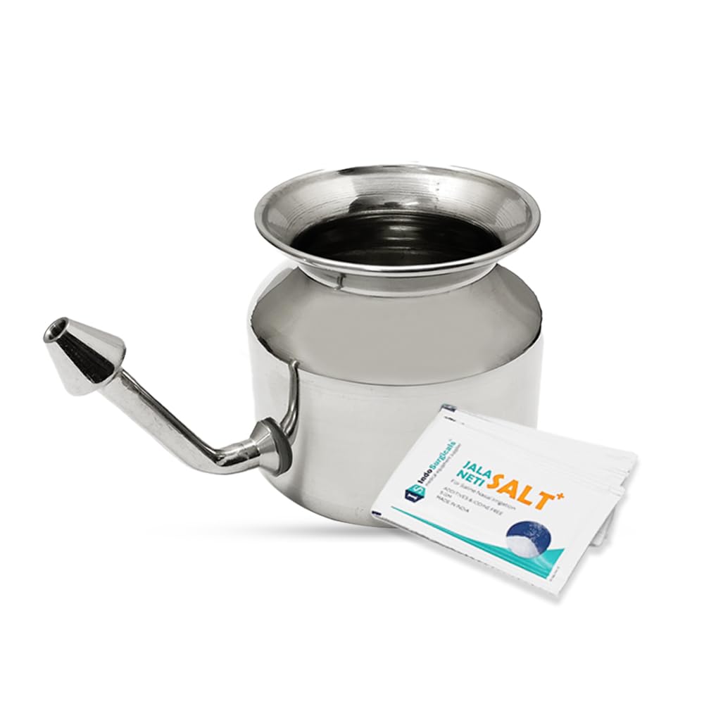 IS IndoSurgicals Stainless Steel Ayurvedic Jala Neti Pot for Sinus Congestion With 10 Sachet of Salt Plus