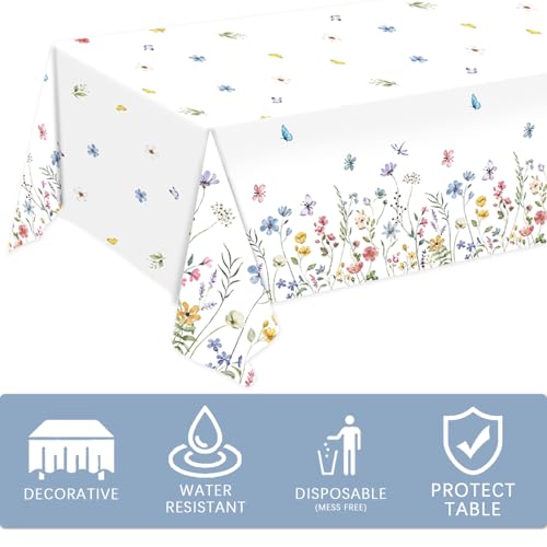 Image of 3 Pack Spring Floral Tablecloth, Wildflower Butterfly Plastic Table Cover for Easter, Birthday, Wedding, Tea, Wildflower Party Decorations, 54 x 108 Inch