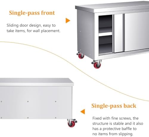 Commercial Stainless Steel Work Table with Sliding Doors, Heavy-Duty Kitchen Prep Table on Wheels, 1102.3 LBS Capacity, Multifunctional Workbench for Restaurant & Hotel