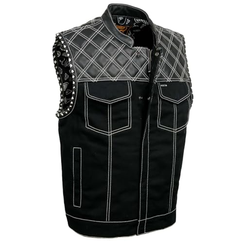 Milwaukee Leather MDM3035 Men's 'Wrecker' Black Denim and Leather Club Style Vest w/Diamond Quilt Design