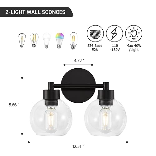Image of Black Bathroom Light Fixtures, 2 Lights Bathroom Vanity Light with Clear Globe Glass Shades, Wall Sconce Lamp for Mirror, Bedroom, Living Room, Kitchen