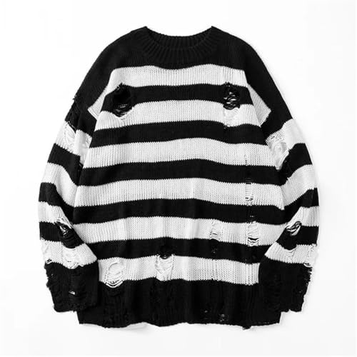 Mens Vintage Long Sleeve Ripped Striped Sweater Casual Crew Neck Stripe Pullovers4