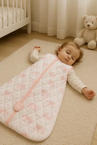 Image of TuddyBuddy Baby Cotton Wearable Quilted Sleeping Bag Blanket 1.5 Tog with 1 Way Zipper Closure | Ideal for Babies & Kids Hypoallergenic Fabrics | (Pink Elephants, 12-18 Months)