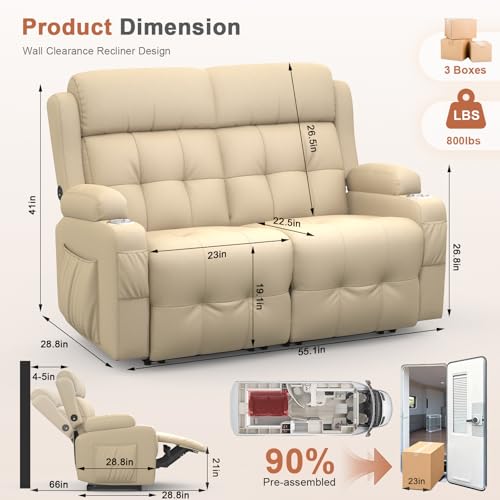 Image of Loveseat Recliner Sofa, Home Theater Seating with Massage, Reclining Loveseats with Console, Wall Hugger RV Couch Movie Theater Chairs, RV Furniture Sofas with USB, Cup Holders, Drawer for Gaming Room