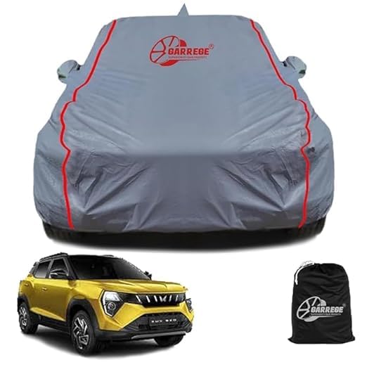 Image of Waterproof Car Body Cover Compatible with Xuv 3Xo Mx2 Diesel Mirror and Antenna Pocket, Triple Stitched (Heat Resistant US Grey with Red Piping)