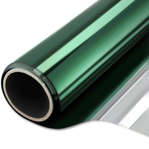 WPCTEV Window Film One Way Mirror Film Daytime Privacy Static Non-Adhesive Decorative Heat Control Anti UV Window Tint for Home and Office Green Silver 6 Mil 17.5 Inch x 6.5 Feet