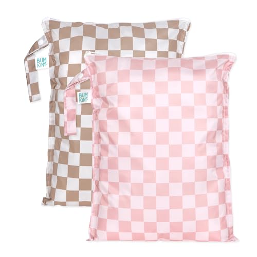 Bumkins - Larger Waterproof Wet Bag - For Baby Travel Swim Suit Cloth Diapers Pump Parts Pool Gym Toiletry Strap to Stroller - Reusable & Easy to Clean - 2pk - Beige & Pink Check