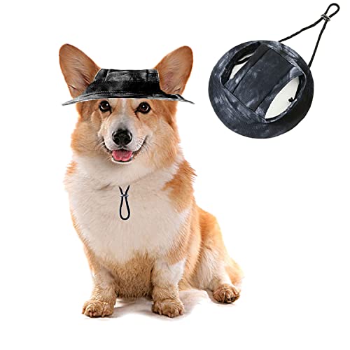 Pet Bucket Hats, Dog Round Cap With Ear Hole,Adjustable Outdoor Travel Sun Protection Sport Hat For Cat Small Medium Dogs_M(Black)