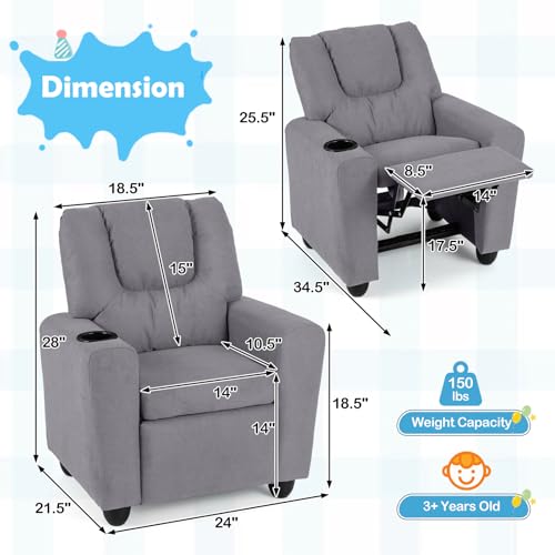 Image of Kids Recliner, Toddler Lounge Chair w /Cup Holder, Wide Armrest, Kids Sofa w /Adjustable Footrest, Comfy Toddler Recliner Chair for for Boys & Girls 3 + (Fabric, Grey)