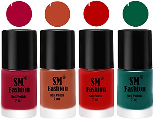 Image of Nail Polish Combo Set (Pack of 4) Quick Dry Gel Finish Nail Paint | Dark Magenta,Light Coral,Red,Green | 7 ml Each