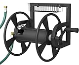 Artigarden Garden Wall Mounted Hose Reel, Outdoor Heavy-Duty Water Hose Holder Winder, Holds 125 Feet of 5/8-Inch Hose, with 3.9 ft Leader Hose, Brass Fitting and Storage Basket for Yard, Black