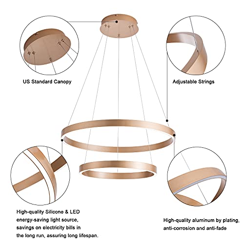 Image of MADEM Modern LED Chandelier 2-Ring Circular Dimmable Pendant Light,Gold | Contempoary Chandelier Flush Mount Pendant Lighting for Living Room Dining Room, Bedroom,3000K-6000K,60W
