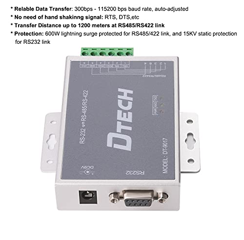 Image of DTECH Bi-Directional Active RS232 to RS485 RS422 Serial Converter with Surge Protection 600W 15KV ESD DB9 to RJ45 Phoenix Contacts Adapter Power Supply TX RX LEDs for Long Haul Data Communication