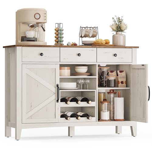 VASAGLE LIRY Collection - Buffet Cabinet, Coffee Bar Cabinet with 3 Drawers, Adjustable Shelves, Sideboard Storage with Cable Holes, Drawer Dividers, Rustic White and Honey Brown UBBK371W01