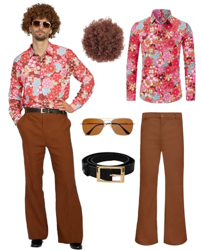 Disfraz de discoteca de los años 70, juego hippie para hombre con pantalones acampanados, camisa de los años 80, disfraz de carnaval para 50s, 60s, 70s, cosplay, fiesta de Halloween (XL)