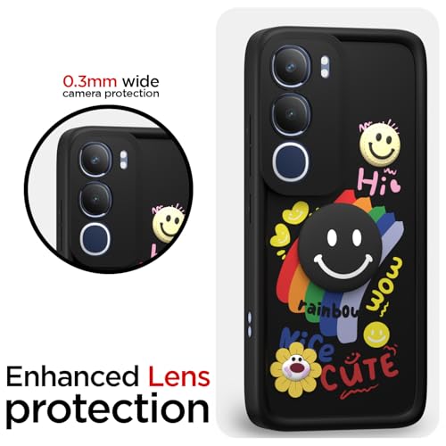 Image of Pikkme Back Cover for Vivo Y29 5G / Vivo Y19s | Soft Silicone| Cute Rainbow Smile & 3D Cartoon Flower Design | Shockproof Raised Camera Protection Bumper Case (Black)