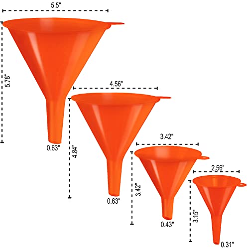 Karzone Plastic Funnel For Automotive Use - Kitchen Funnels For Filling Bottles, Jars, Containers Or Lab Use - Oil Funnel For Gas, Car Oil, Lubricants And Fluids (Orange-4 Pack) #TOP4