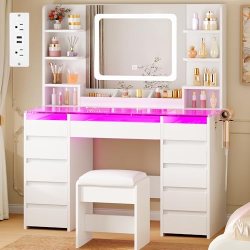 YUNSCEND Vanity Desk with Mirror and Lights 3 Colors,Makeup Vanity Table with Glass Top,11 RGB...