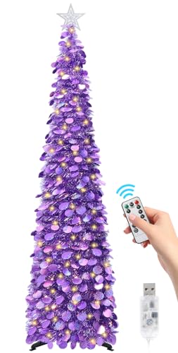 SINTENILL 6 FT Pop Up Christmas Tree with 100 LED Timer Lights & Remote, Purple Collapsible Christmas Tinsel Tree Artificial Pencil Tree Xmas Decoration for Holiday Home Office Party, USB Powered