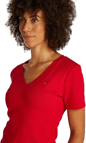 Tommy Hilfiger Damen T-Shirt Kurzarm New Slim Cody mit V-Ausschnitt, Rot (Primary Red), XXS – Ansicht 3