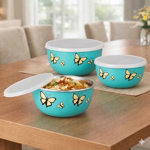 Image of Zaib Stainless Steel Microwave Safe Euro Mixing Bowl Set with Lid | Pack of 3 (14cm,16cm,18cm) | 500ml, 750ml, 1250ml | Freezer Safe (Green - Butterly 3 Regular)