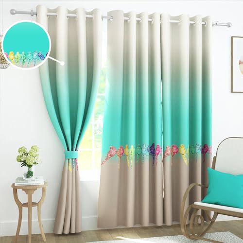 Image of Story@Home Blackout Digital Print Window Curtains 5 Feet Long Set of 2 | Room Darkening Curtain | Thermal Insulated Curtains for Living Room | (118 X 152 Cm, Beige & Teal)