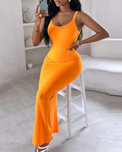 Image of Womens Bodycon Sexy Maxi Dress Soft U-Neck Spaghetti Strap Summer Slip Dress Solid Sleeveless Club Vacation Dress