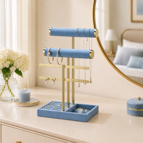 Image of Jewelry Organizer Stand for Necklaces, Bracelets, Earrings, Rings, Blue