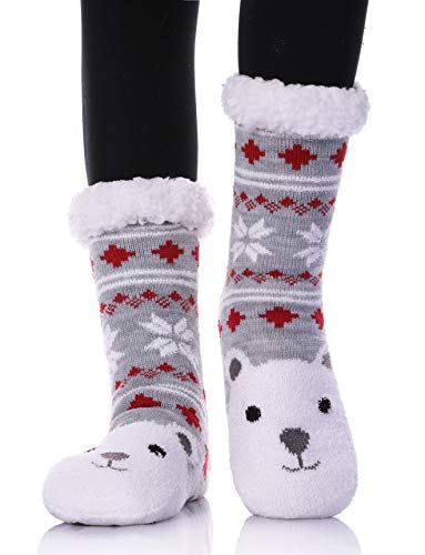 FNOVCO Women Fuzzy Slipper Socks Fluffy Cozy Cabin Winter Warm Fleece Non Slip Christmas Socks with Grips (Polar Bear)