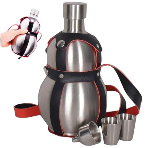 Muzrunq - Gourd Water Bottle, Stainless Steel Drinking Gourd with 2 Cups & 1 Funnel, Leakproof Wine Flask Bottle for Home Office Hotel Housewarming Gifts